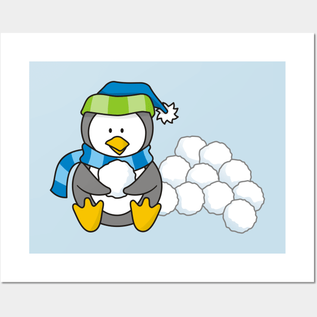 Little Penguin Sitting with Snow Balls Wall Art by sifis